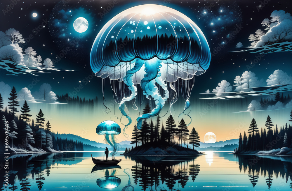 custom made wallpaper toronto digitalFlying space jellyfish. A magical world. Fantastic landscape. New inhabitants of the planet. AI