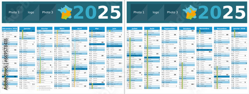 Calendrier 2025 14 mois au format 320 x 420 mm recto verso entièrement modifiable via calques et texte sans serif