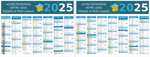 Calendrier 2025 14 mois au format 320 x 420 mm recto verso entièrement modifiable via calques et texte sans serif	