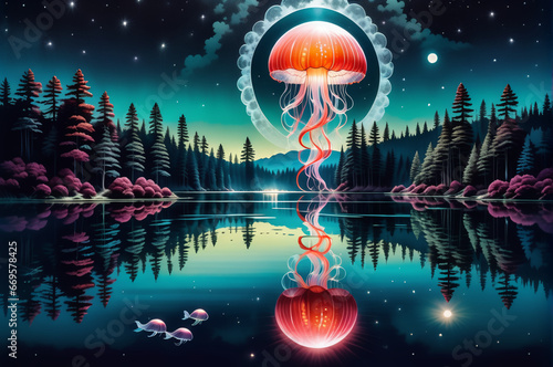 Flying space jellyfish. A magical world. Fantastic landscape. New inhabitants of the planet. AI