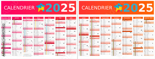 Calendrier 2025 14 mois au format 320 x 420 mm recto verso entièrement modifiable via calques et texte sans serif	