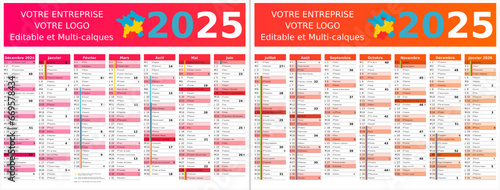 Calendrier 2025 14 mois au format 320 x 420 mm recto verso entièrement modifiable via calques et texte sans serif