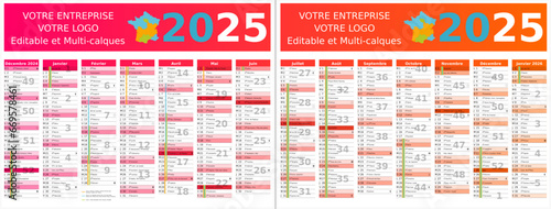 Calendrier 2025 14 mois au format 320 x 420 mm recto verso entièrement modifiable via calques et texte sans serif	