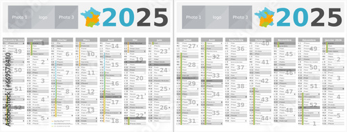 Calendrier 2025 14 mois au format 320 x 420 mm recto verso entièrement modifiable via calques et texte sans serif	