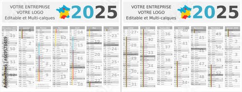 Calendrier 2025 14 mois au format 320 x 420 mm recto verso entièrement modifiable via calques et texte sans serif	