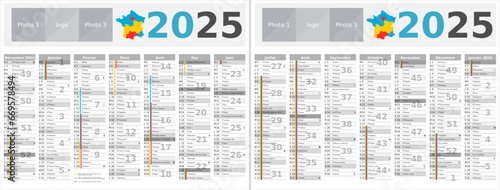 Calendrier 2025 14 mois au format 320 x 420 mm recto verso entièrement modifiable via calques et texte sans serif
