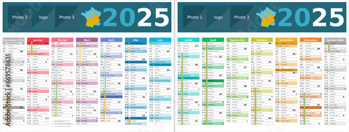 Calendrier 2025 14 mois au format 320 x 420 mm recto verso entièrement modifiable via calques et texte sans serif	
