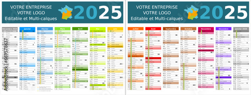 Calendrier 2025 14 mois au format 320 x 420 mm recto verso entièrement modifiable via calques et texte sans serif