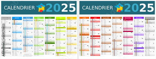 Calendrier 2025 14 mois au format 320 x 420 mm recto verso entièrement modifiable via calques et texte sans serif	