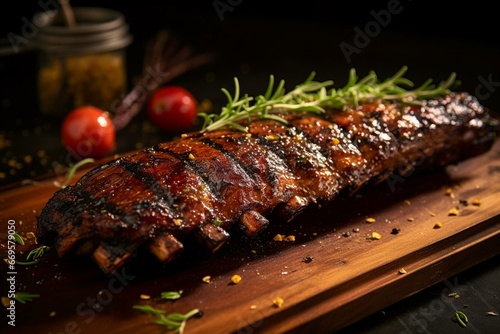 An appetizing grilled rib with a caramelized coating. Generative AI