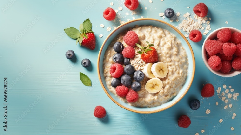 A bowl of oatmeal with berries and bananas A bowl of oatmeal with berries and bananas