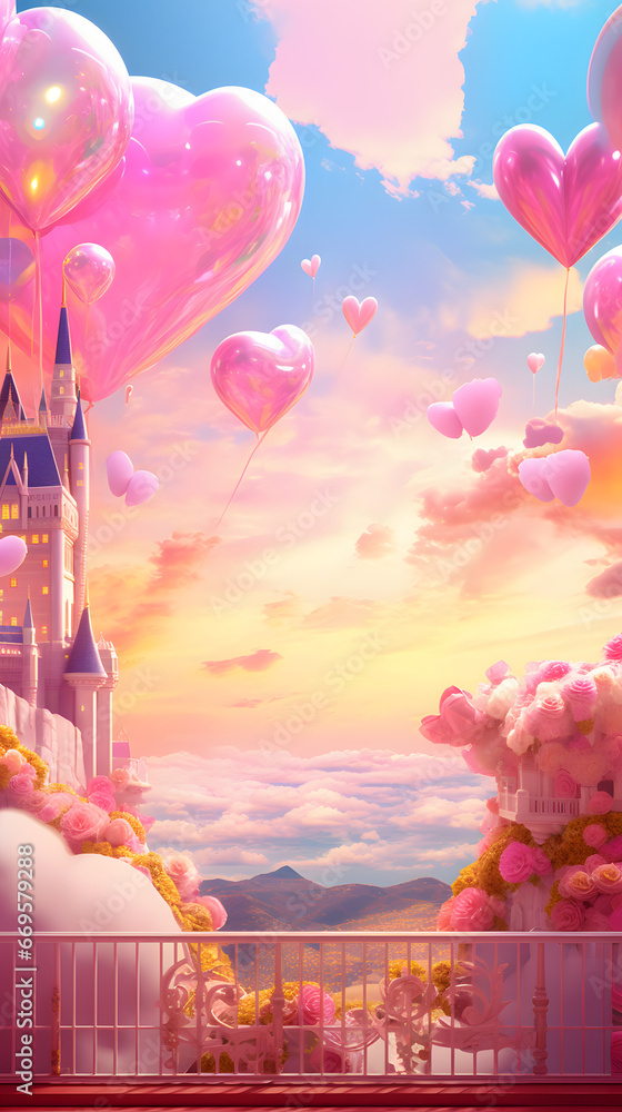 Love fantasy land, in a light pink color with a castle and heart shaped balloons. Valentine's day concept.