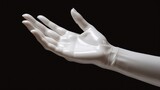 A white plastic hand with a black background