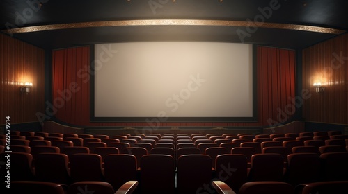 An empty theater with red seats and a projector screen