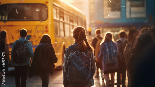 A group of children walking down a street next to a yellow bus
