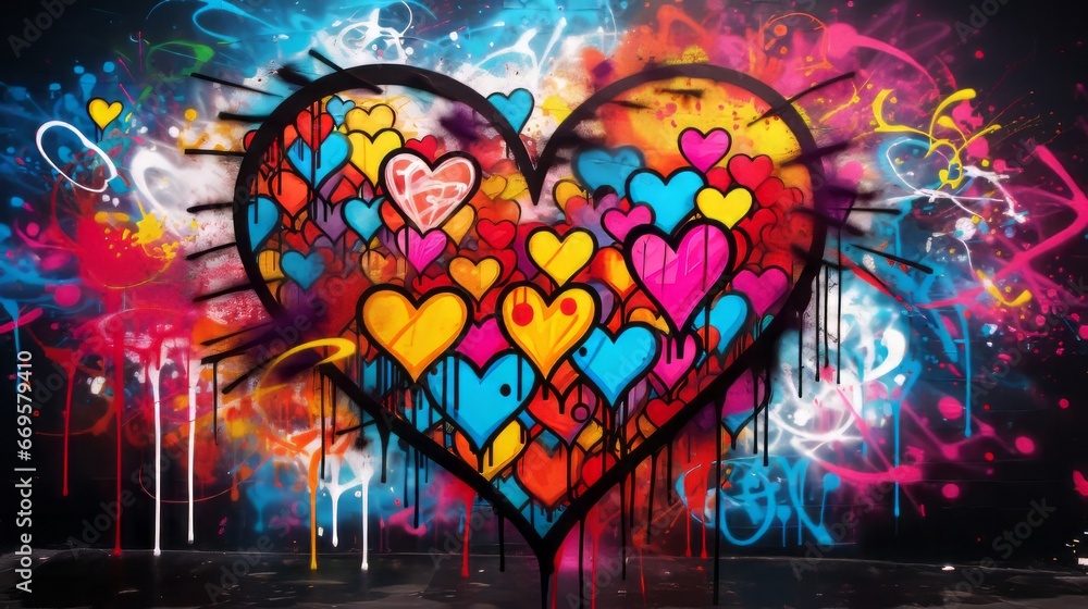 Fototapeta premium A colorful grafitti of heart with lots of hearts painted on it
