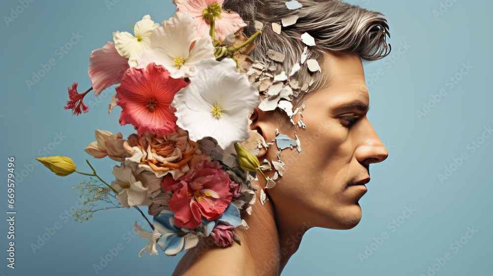 A man with flowers in her hair