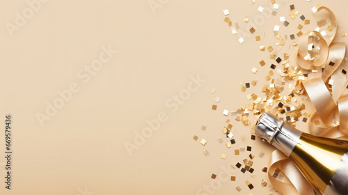 
Golden champagne with a Celebration background theme and confetti stars. Christmas party,Happy New Year, happy birthday, or wedding concept