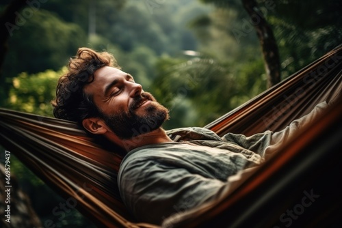 portrait of a European man close-up. lying in a hammock in nature. relah. slowing down