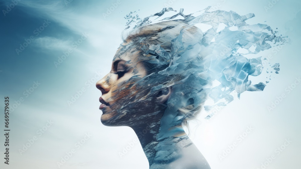 A woman's face with water splashing out of it