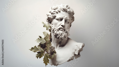 A statue of a man with a beard with leaves