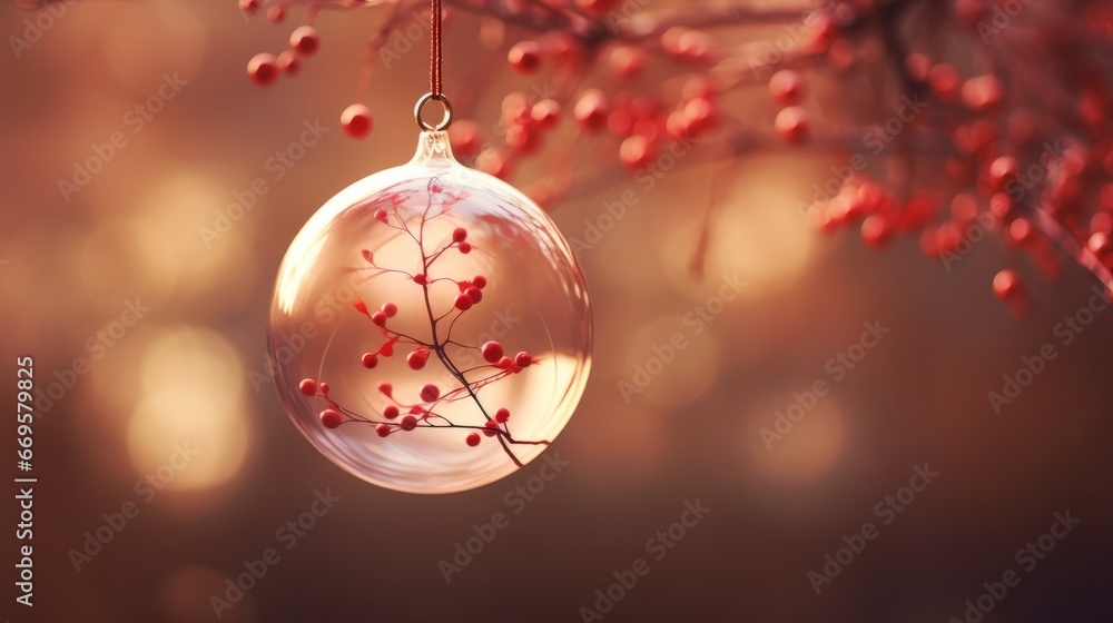 A Christmas glass ornament hanging from a tree branch A Christmas glass ornament hanging from a tree branch