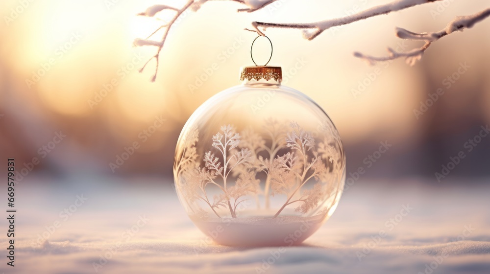 A Christmas glass ornament hanging from a tree branch A Christmas glass ornament hanging from a tree branch