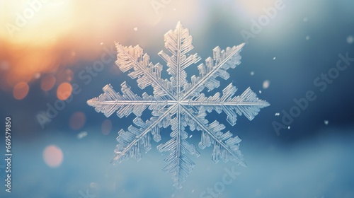 A snowflake is shown on a blurry background