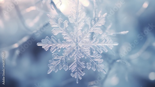 A close up of a snowflake on a tree branch photo