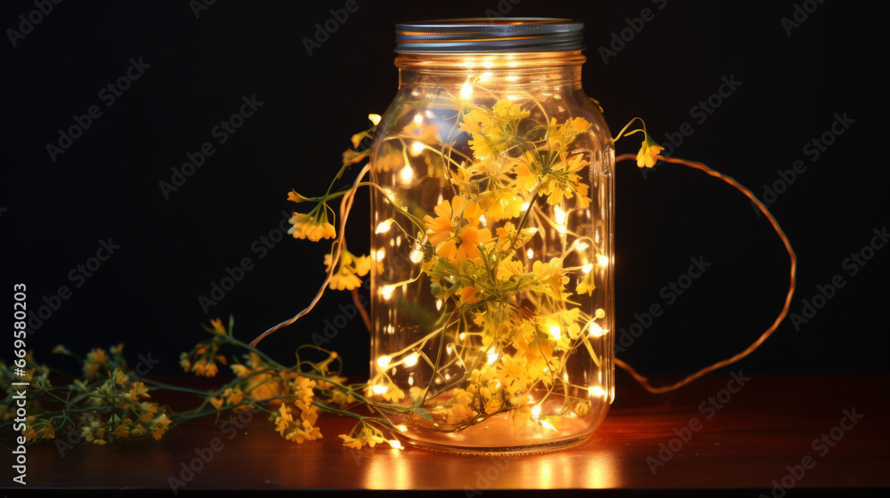 A mason jar filled with yellow flowers and fairy lights - obrazy, fototapety, plakaty 