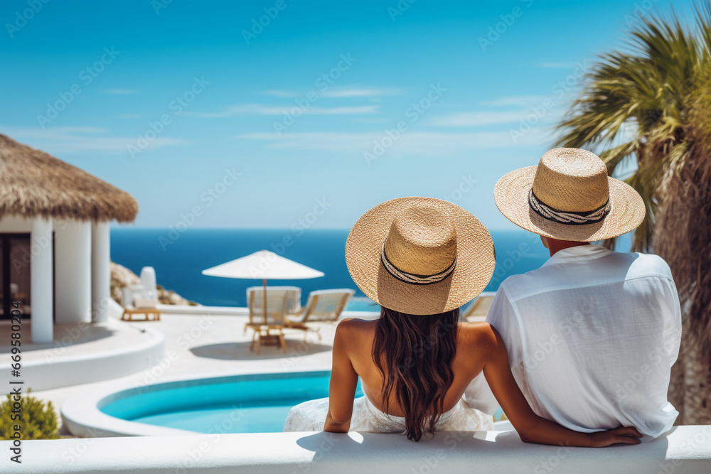 Obraz premium Couple is vacationing on a Greek island. A man and a woman in straw hats admire the sea.