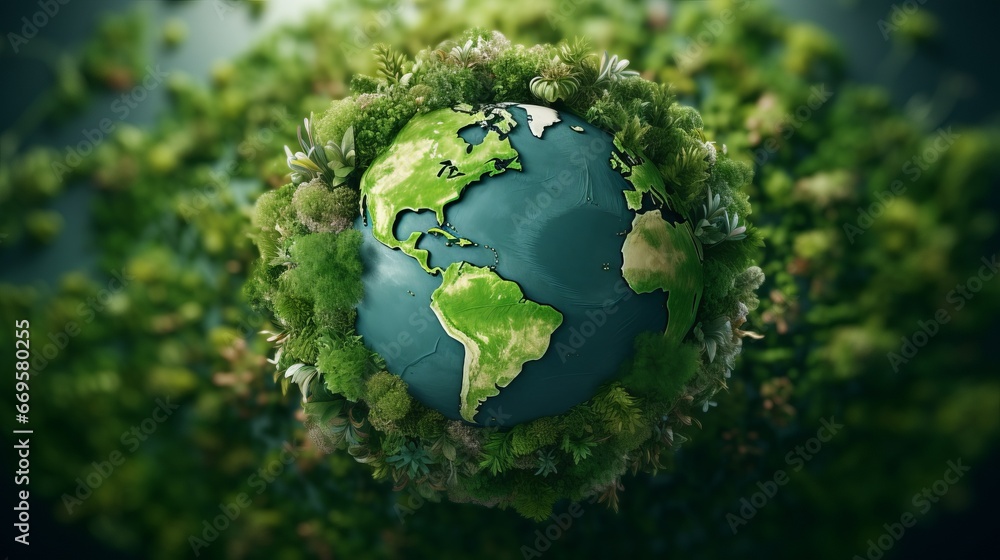 A green globe with trees around it A green globe with trees around it