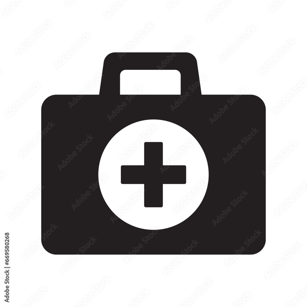 First aid box icon. First aid kit, Medical care bag icon symbol. Vector illustration. First aid box icon. First aid kit, Medical care bag icon symbol. Vector illustration.