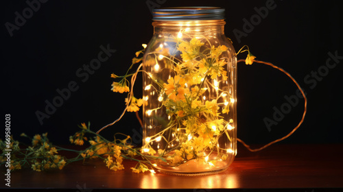 A mason jar filled with yellow flowers and fairy lights