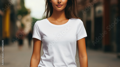 A woman in a white t-shirt standing in the middle of a street