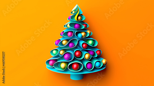 3D Christmas tree in pop art style on an orange background with copy space