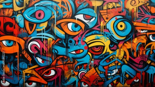 A colorful painting graffiti eyes on the side of a building