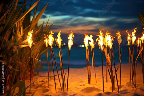 Burning torches on the beach