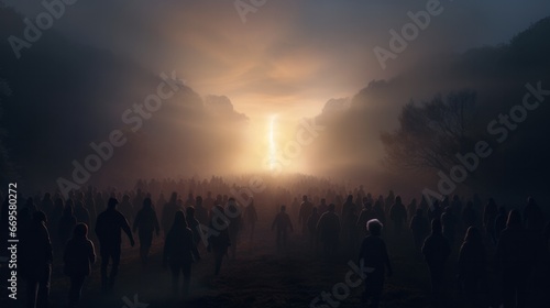 A group of people walking through a foggy forest