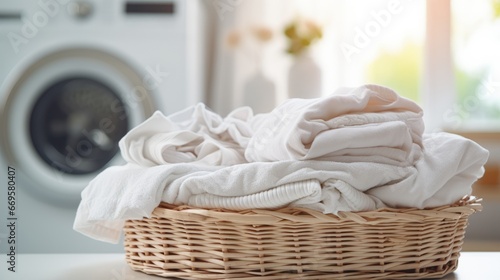 A laundry basket filled with white towels next to a washing machine