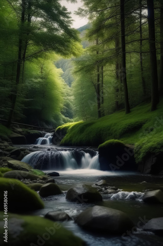 Fantastic stream in the forest. AI
