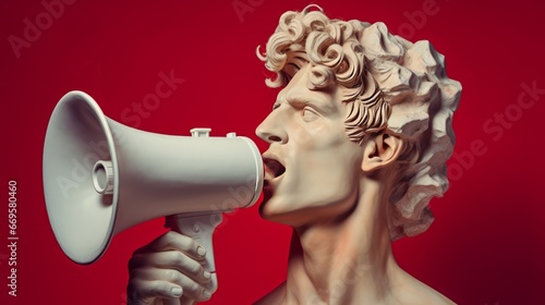 A statue of a man with a megaphone in his mouth
