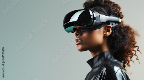 A woman wearing a black leather jacket and a pair of virtual glasses © NK