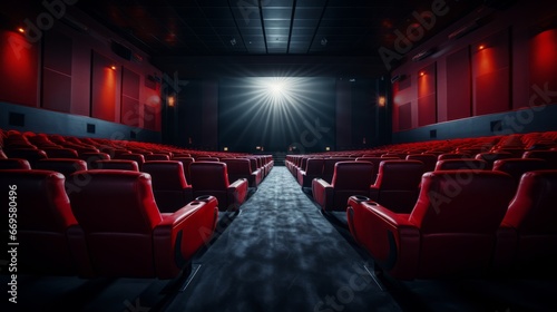 An empty cinema theater with red seats and a projector screen