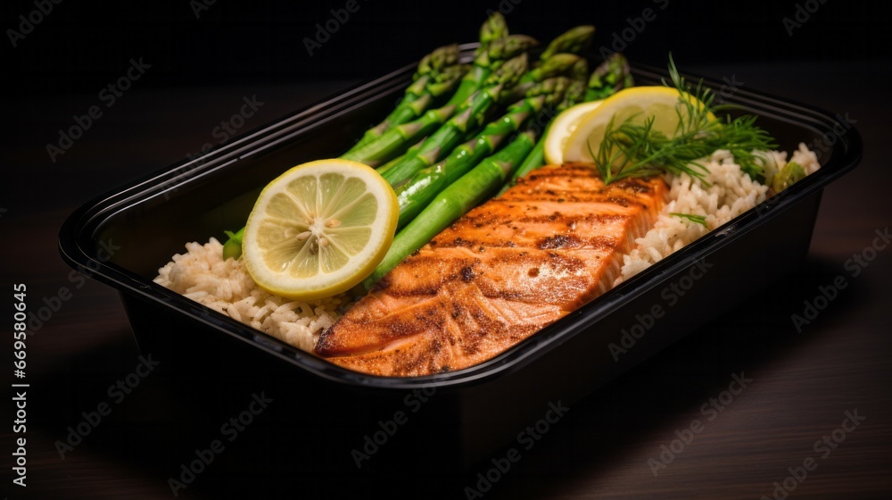 A plastic container filled with rice, salmon and vegetables A plastic container filled with rice, salmon and vegetables