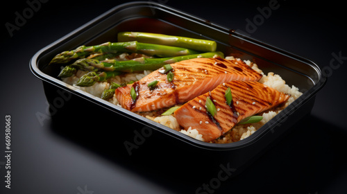 A plastic container filled with rice, salmon and vegetables