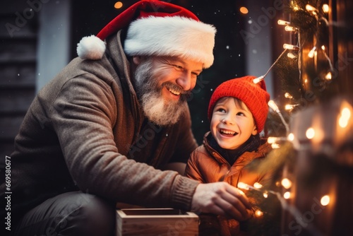 happy baby and dad near the bokeh christmas tree outside in winter © lena