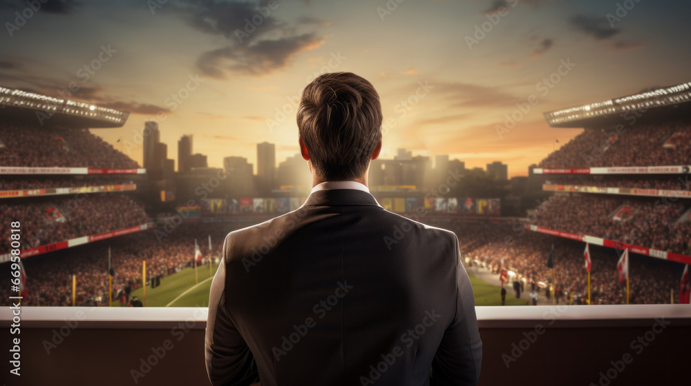 A man in a suit looking out at a stadium