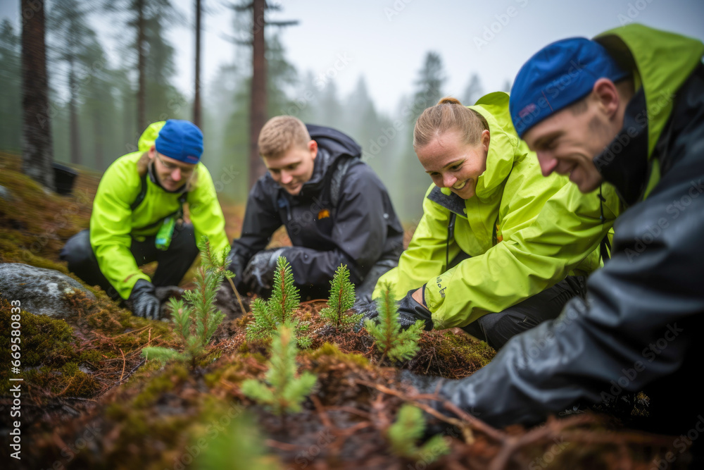 A group of individuals in blue and green jackets planting trees. A group of individuals in blue and green jackets planting trees.