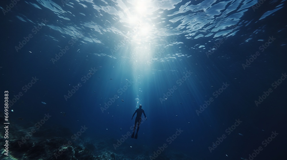 A person swimming in the ocean with a bright light coming out of the water